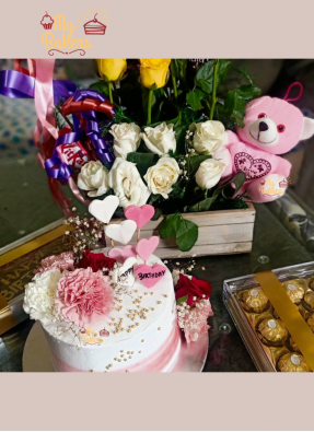 Strawberry Cake With Teddy Rose Flowers And Ferreo Rocher Box