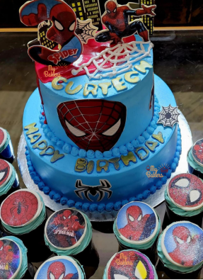 Delightful Two Tier Spiderman With 11 cup Cakes