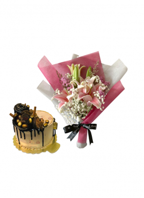 Baby Breath and Pink Lily Bouquet with Golden Cake 