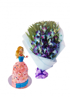 Blue Orchid Bouquet with Barbie Doll Cake