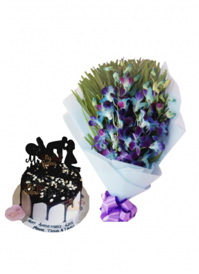 Blue Orchid Bouquet with Love Chocolate Cake