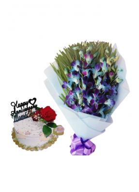 Blue Orchid Bouquet with Special Flower Cake