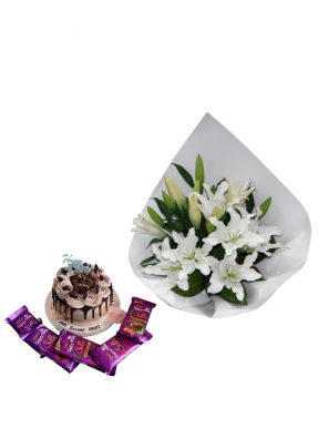 Lily Bouquet with Chocolate Birthday Cake and Chocolate