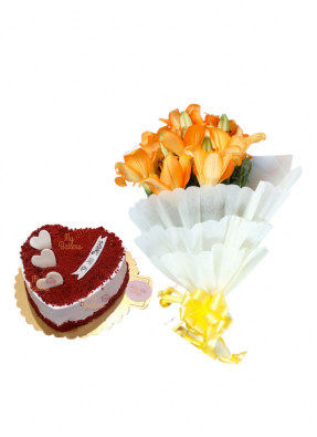 Orange Lilies Bouquet with Heart Shaped Red Velvet Cake