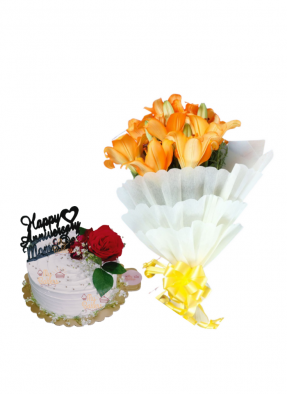 Orange Lilies Bouquet with Special Flower Cake