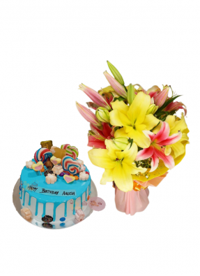 Pink and Yellow Lily Bouquet with Candy Cake