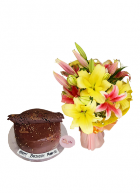 Pink and Yellow Lily Bouquet with Chocolate Cake