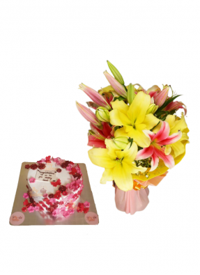 Pink and Yellow Lily Bouquet with Edible Flower Cake
