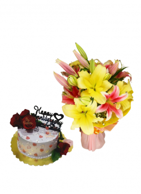 Pink and Yellow Lily Bouquet with Flower Cake
