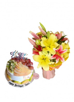 Pink and Yellow Lily Bouquet with Mix Fruit Cake