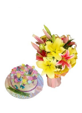 Pink and Yellow Lily Bouquet with Special Edible Flowers and Butterfly Cake