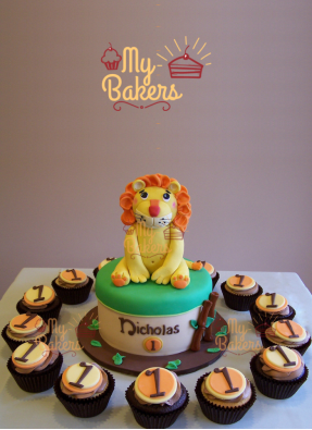 1st Birthday Baby Lion Theme Cake with 14 Cup Cakes