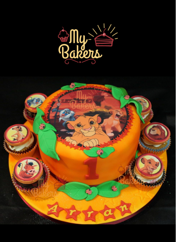 Lion Theme Photo Cake with 6 Cup Cakes