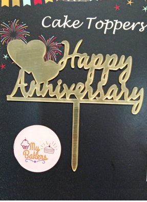Happy Anniversary Hearts Gold Mirror Acrylic Topper 5 inch Pack of 1