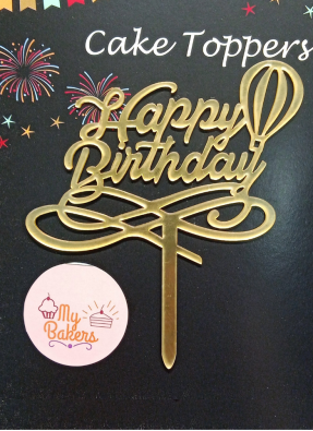 Happy Birthday Air Balloon Gold Mirror Acrylic Topper 5 inch Pack of 1