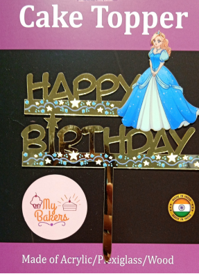 Happy Birthday Princess Golden Acrylic Topper 6 inch Pack of 1