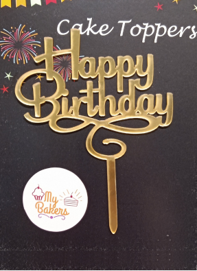 Happy Birthday Ribbon Design Gold Mirror Acrylic Topper 5 inch Pack of 1