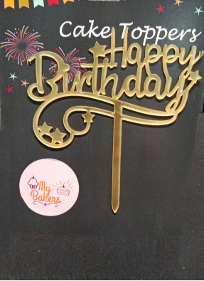 Happy Birthday Star Design Golden Acrylic Topper 5 inch Pack of 1